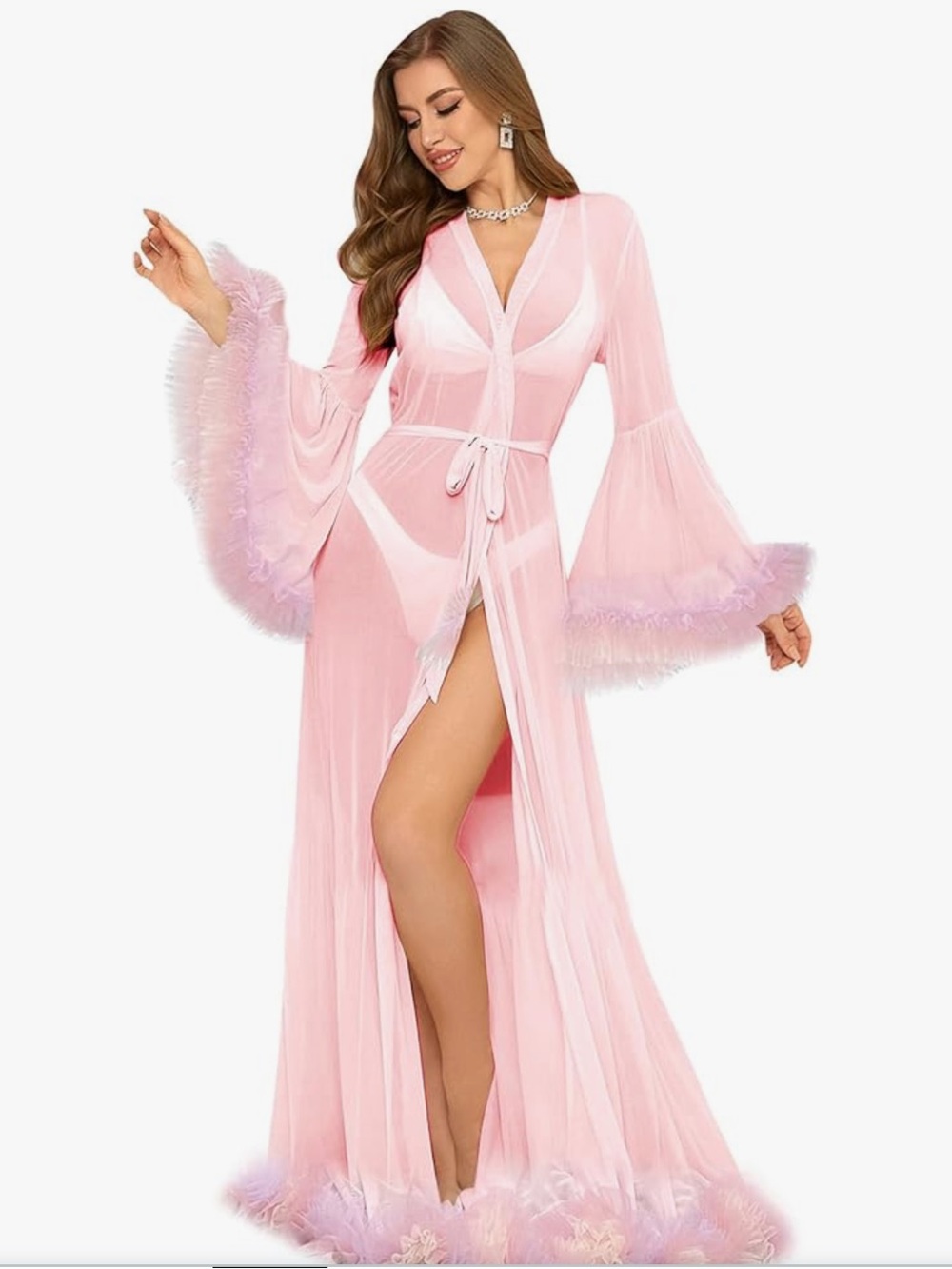 Sheer Pink Maternity Robe with Ruffle Trim - Picture 2 of 2